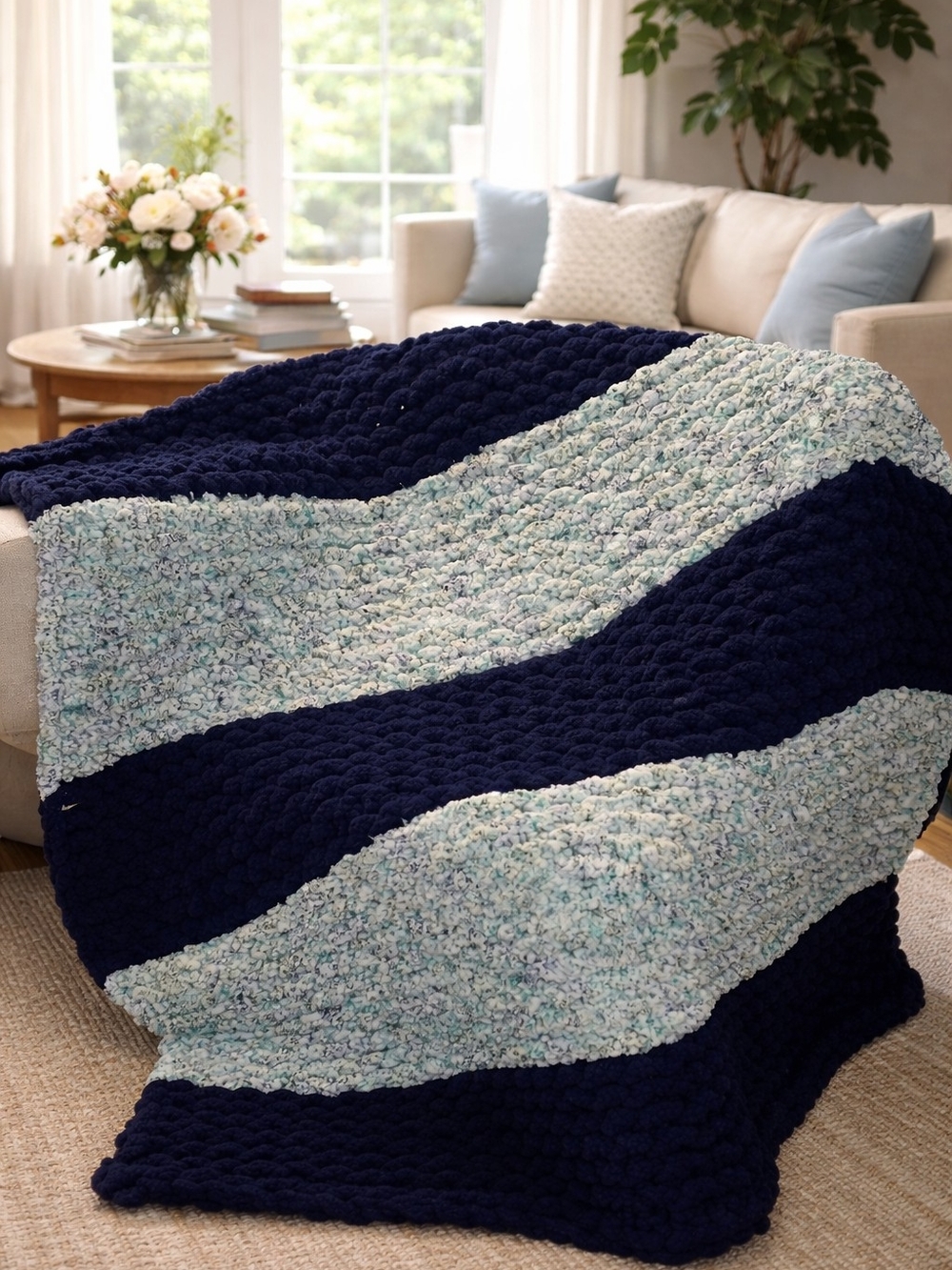 Handmade Plush Navy and Teal Varigated Striped Cozy Hand Knit Throw Blanket
